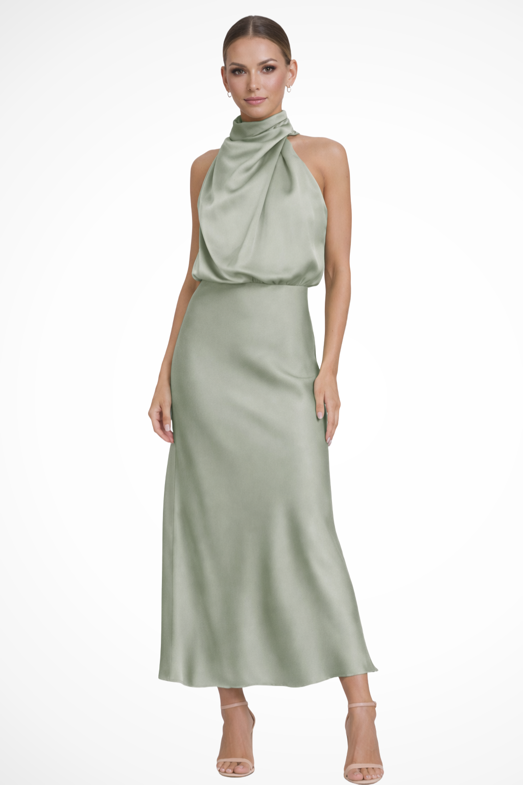 Siopie Women's Satin Halter Neck Midi Dress in Sage Green