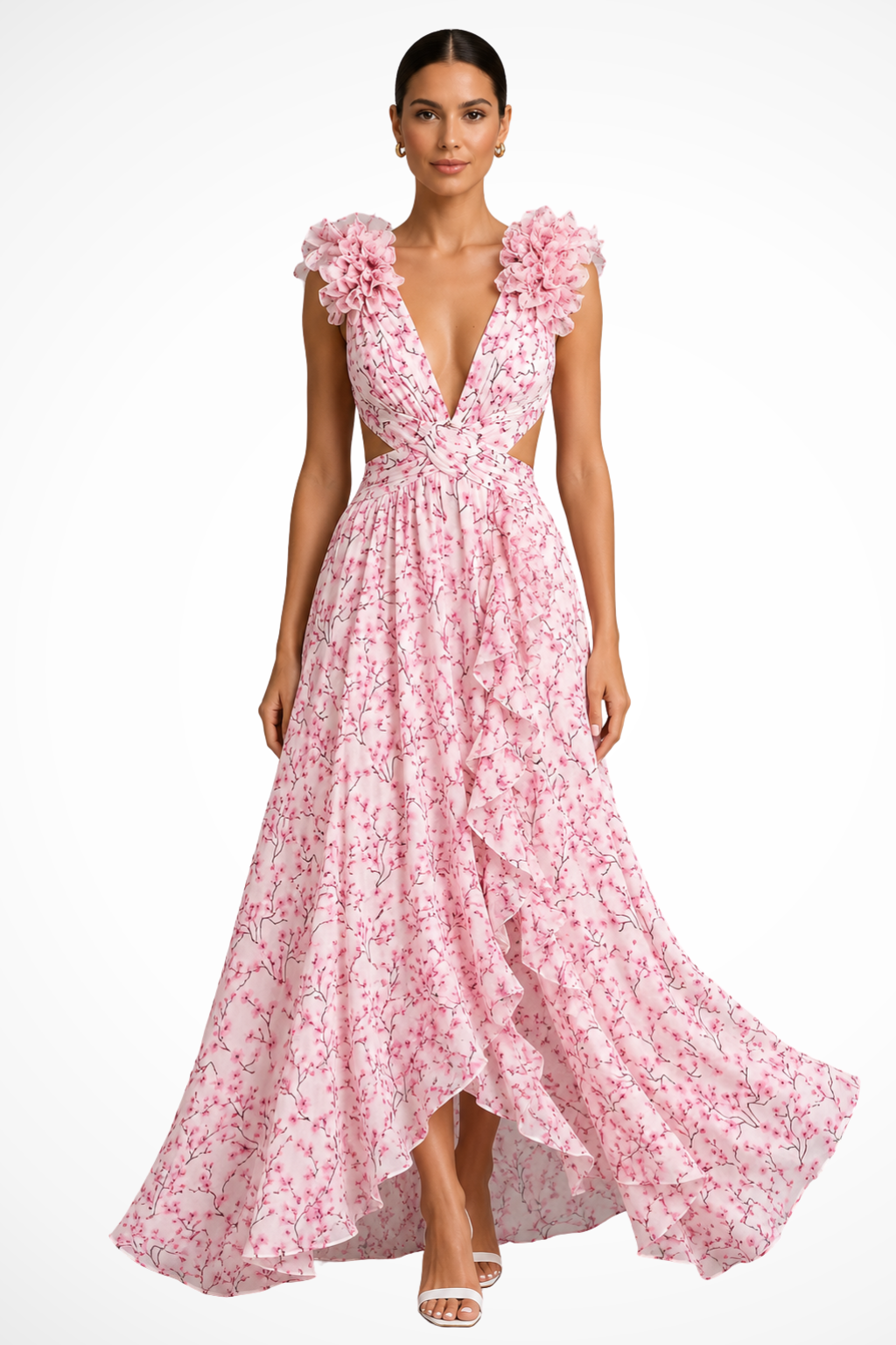 Siopie Floral Ruffle V-Neck Flowing Maxi Dress in Pink