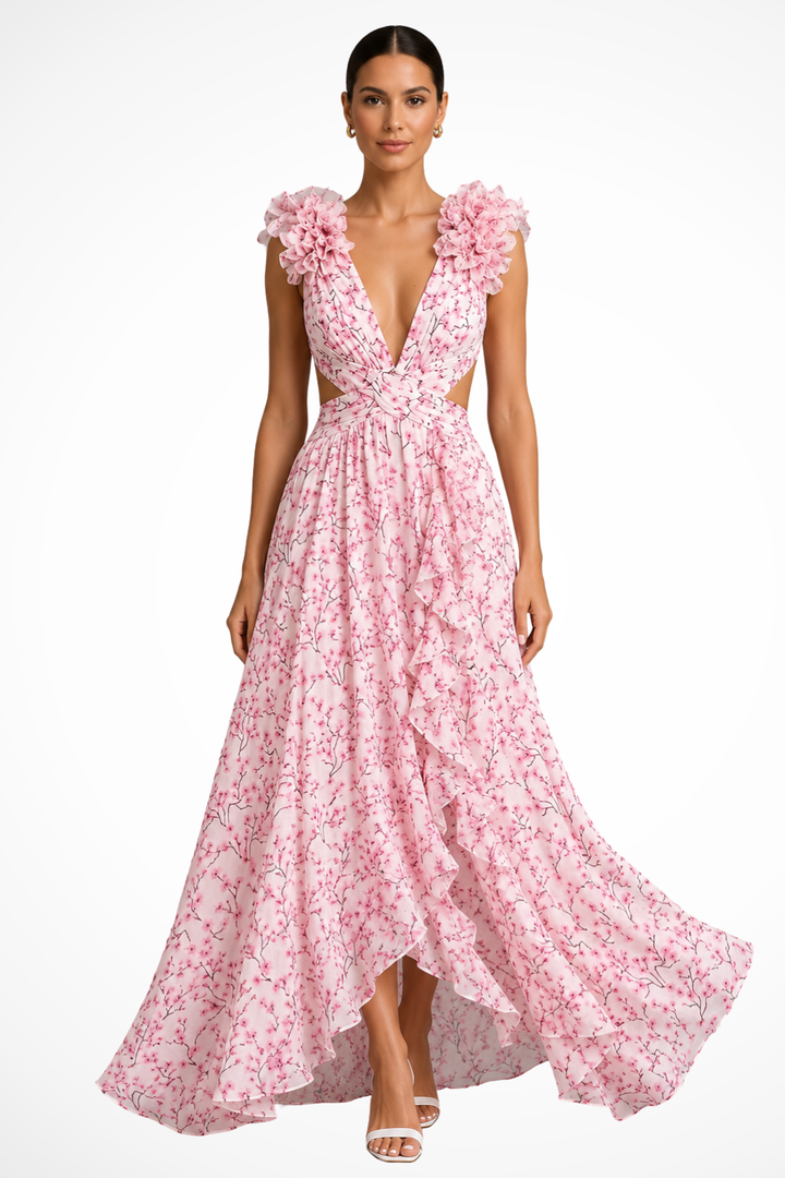 Siopie Floral Ruffle V-Neck Flowing Maxi Dress in Pink