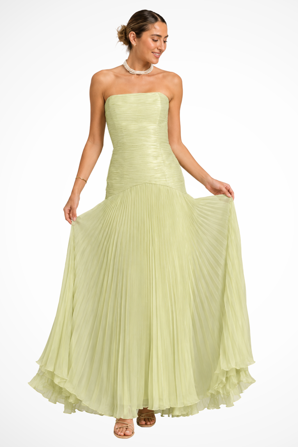 Siopie Strapless Pleated Drop-Waist Maxi Dress in Green