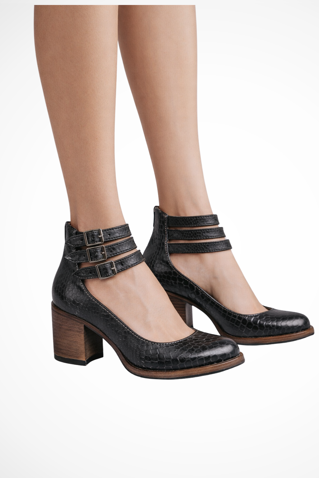 Siopie Women's Strappy Ankle Strap Heels in Black Snake