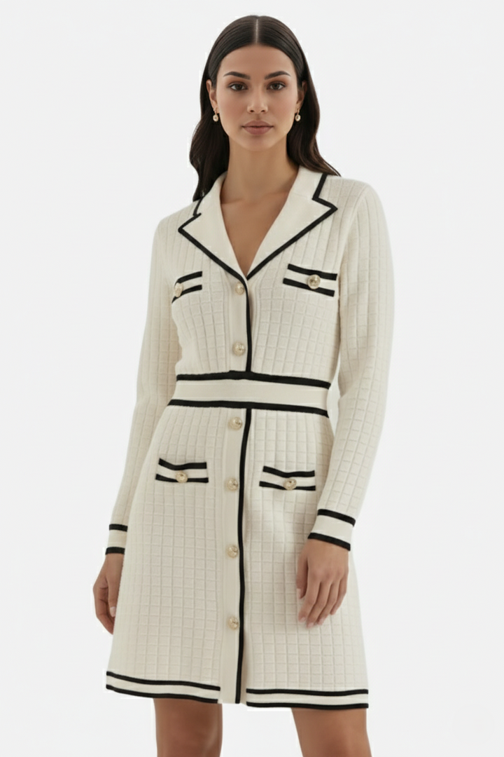 Contrast Trim Knit Cardigan Dress Long Sleeve Button Down with Metallic Buttons