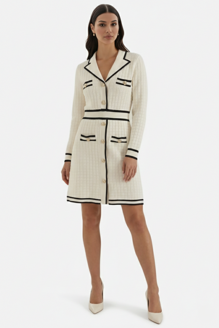 Contrast Trim Knit Cardigan Dress Long Sleeve Button Down with Metallic Buttons