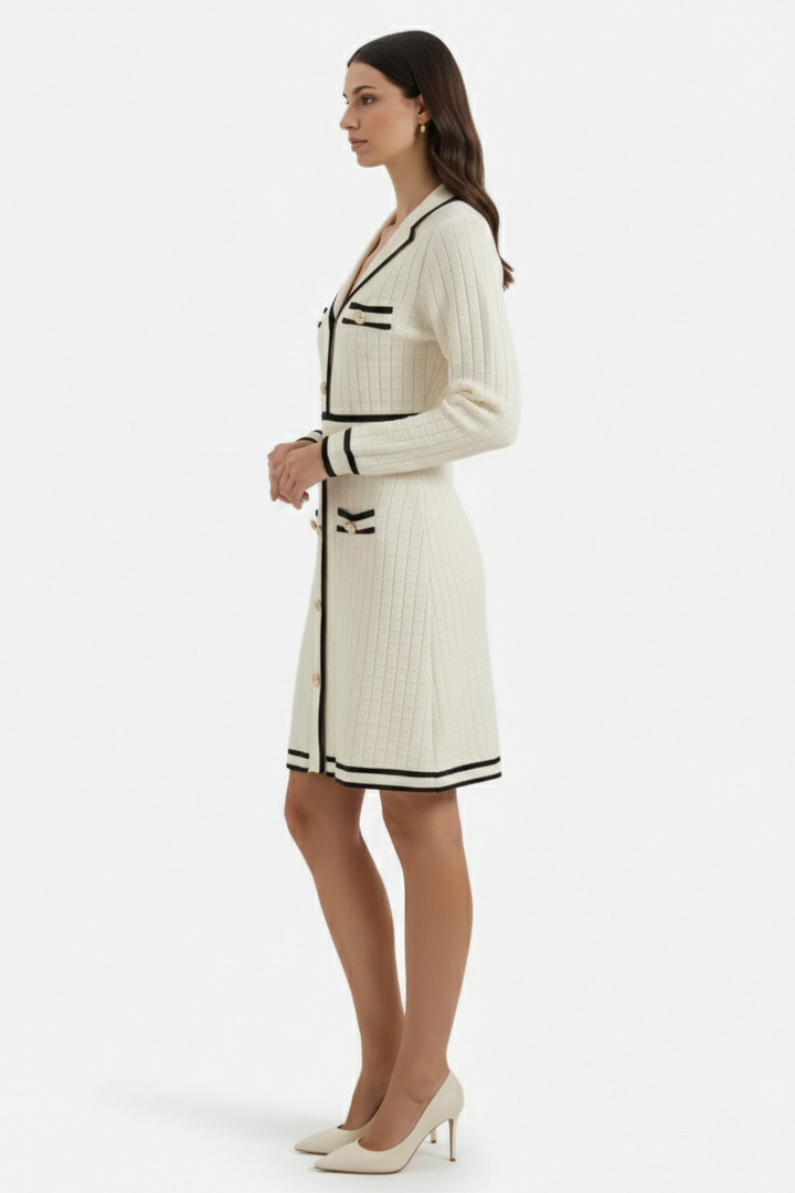 Contrast Trim Knit Cardigan Dress Long Sleeve Button Down with Metallic Buttons