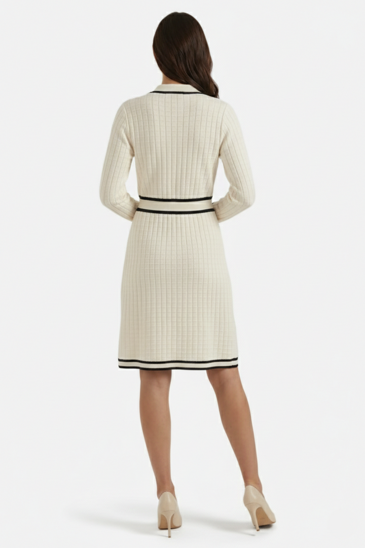 Contrast Trim Knit Cardigan Dress Long Sleeve Button Down with Metallic Buttons