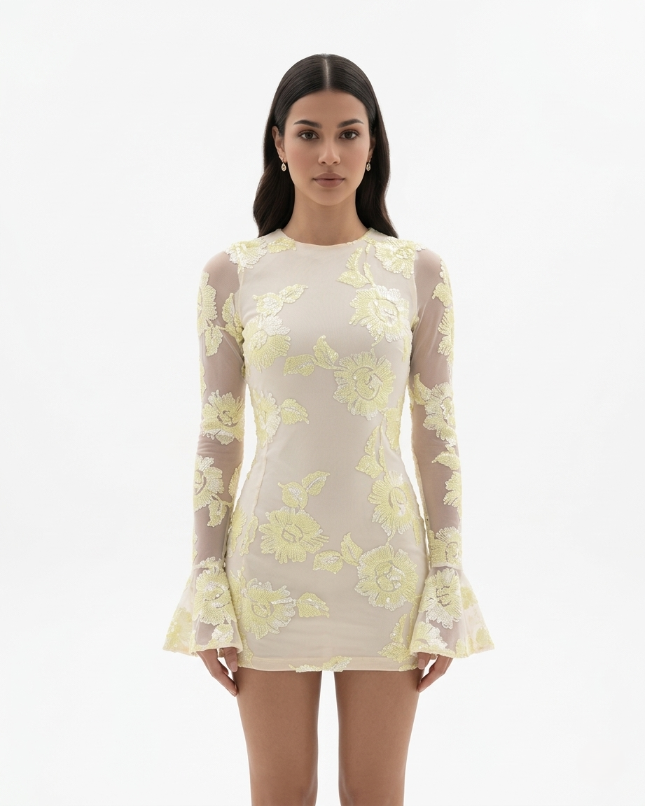 Floral Mesh Mini Dress Long Sleeve Open Back Flared Cuff