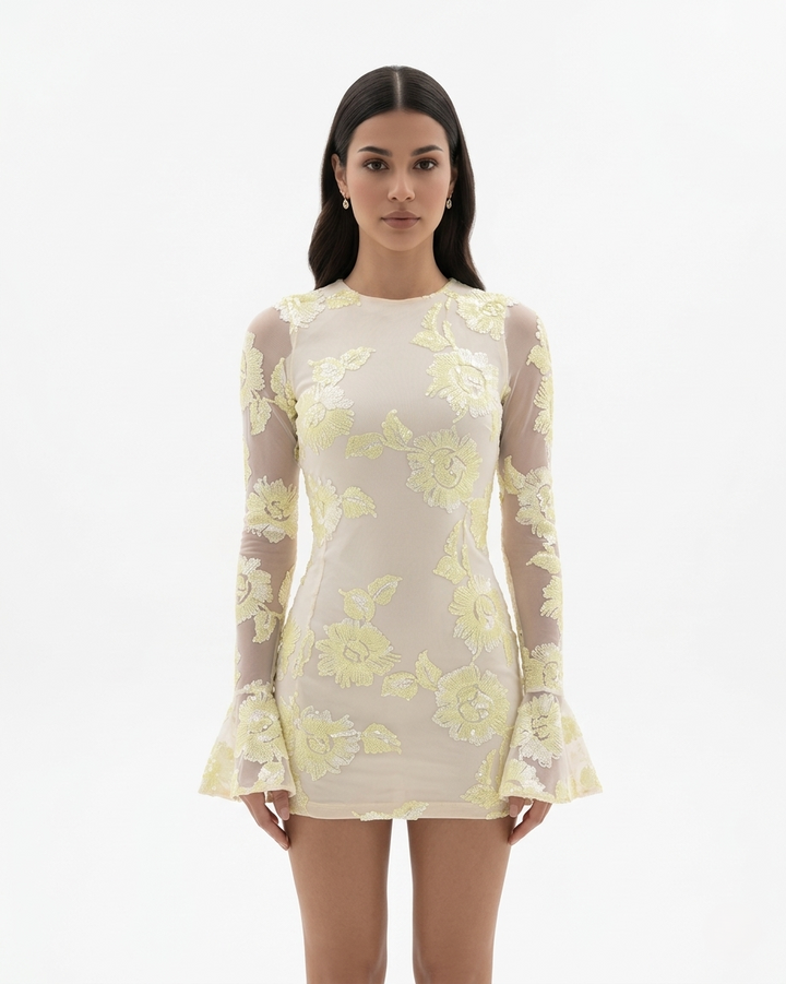 Floral Mesh Mini Dress Long Sleeve Open Back Flared Cuff