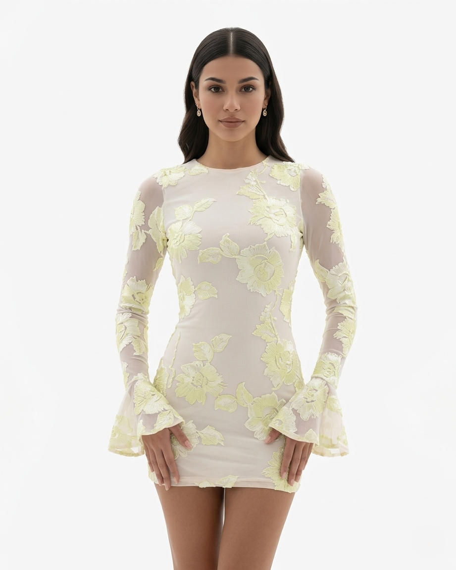 Floral Mesh Mini Dress Long Sleeve Open Back Flared Cuff
