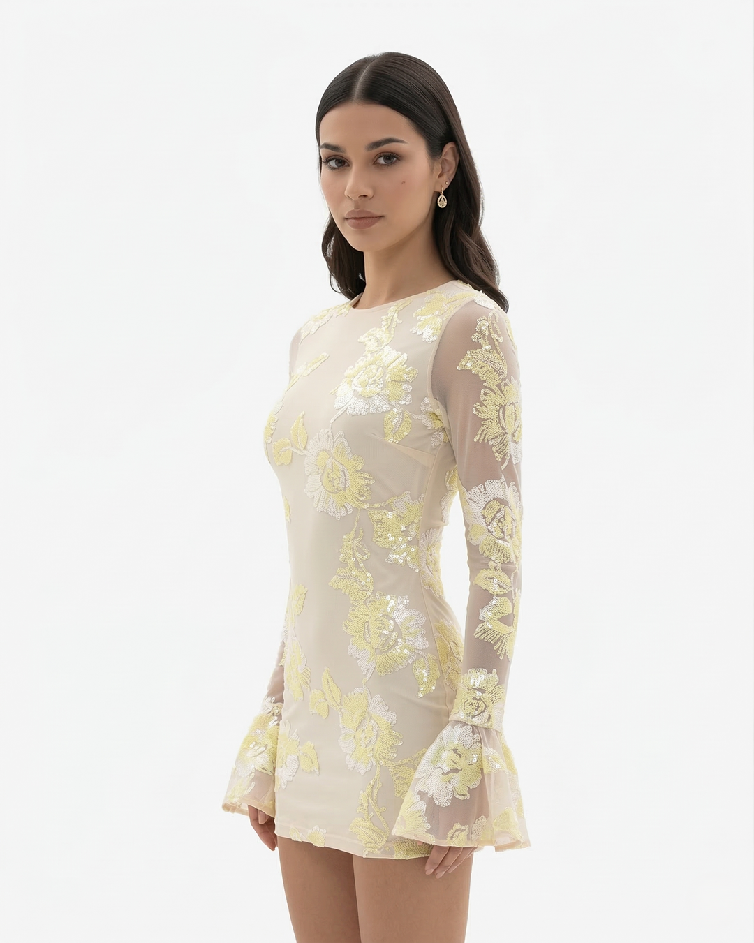 Floral Mesh Mini Dress Long Sleeve Open Back Flared Cuff