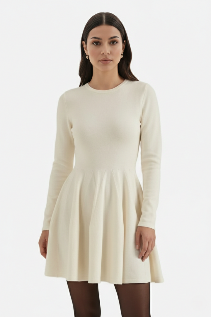 Knitted Long Sleeve Skater Dress - Fit and Flare A-Line Mini