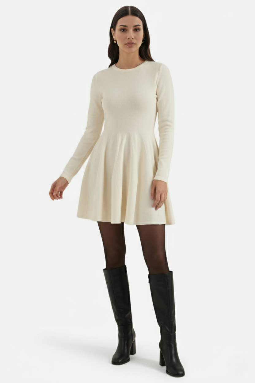 Knitted Long Sleeve Skater Dress - Fit and Flare A-Line Mini
