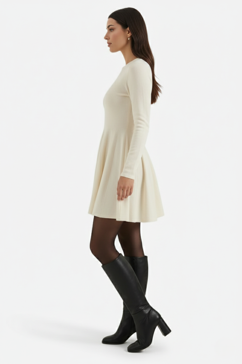 Knitted Long Sleeve Skater Dress - Fit and Flare A-Line Mini