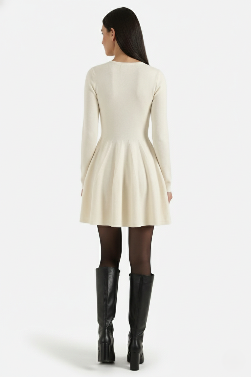 Knitted Long Sleeve Skater Dress - Fit and Flare A-Line Mini