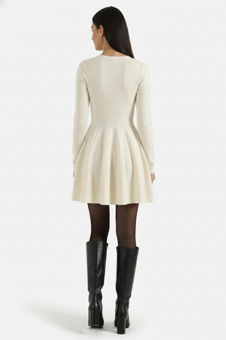 Knitted Long Sleeve Skater Dress - Fit and Flare A-Line Mini