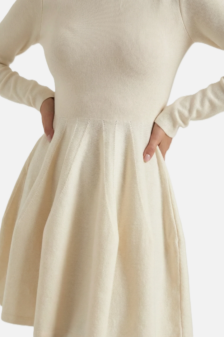 Knitted Long Sleeve Skater Dress - Fit and Flare A-Line Mini