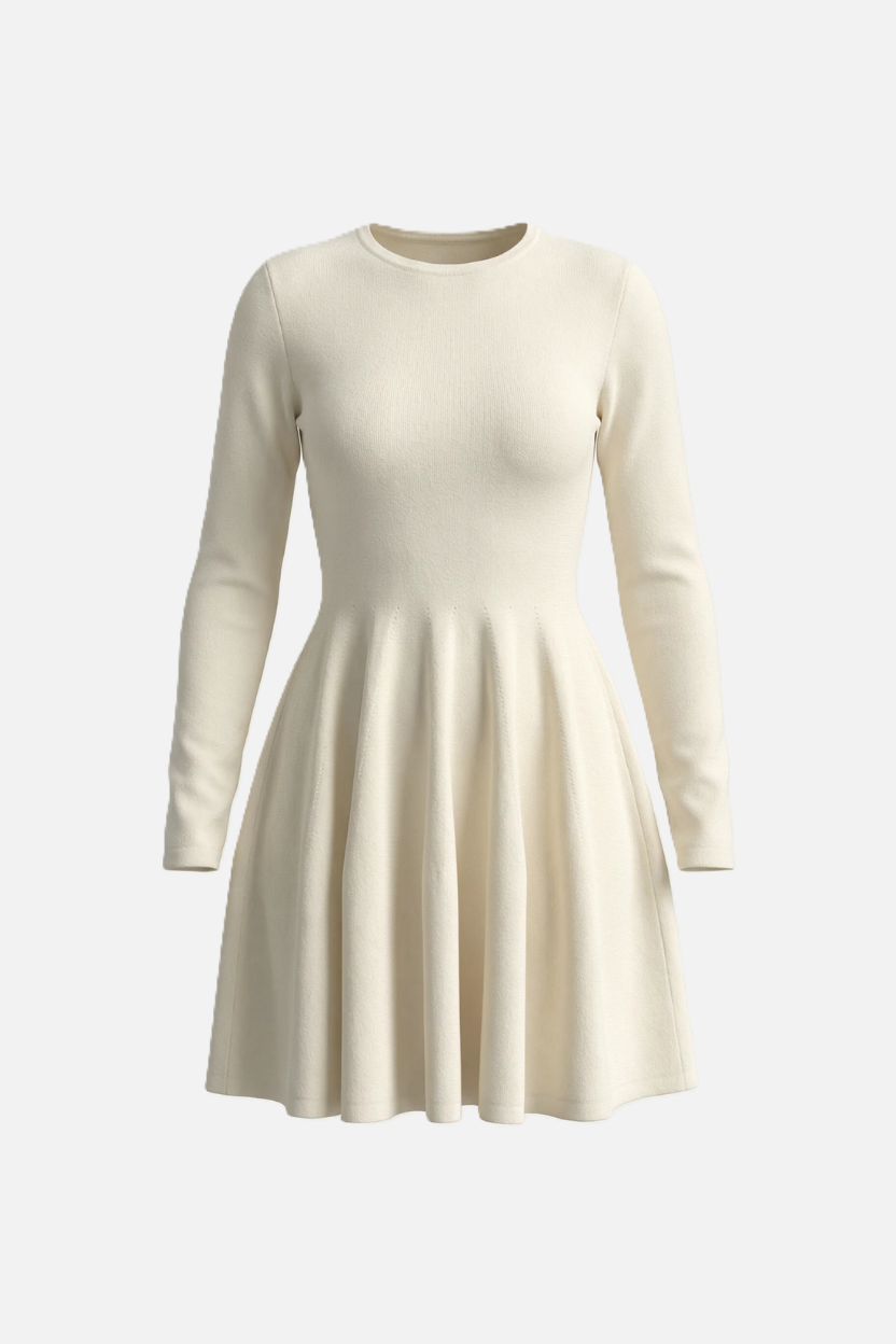Knitted Long Sleeve Skater Dress - Fit and Flare A-Line Mini