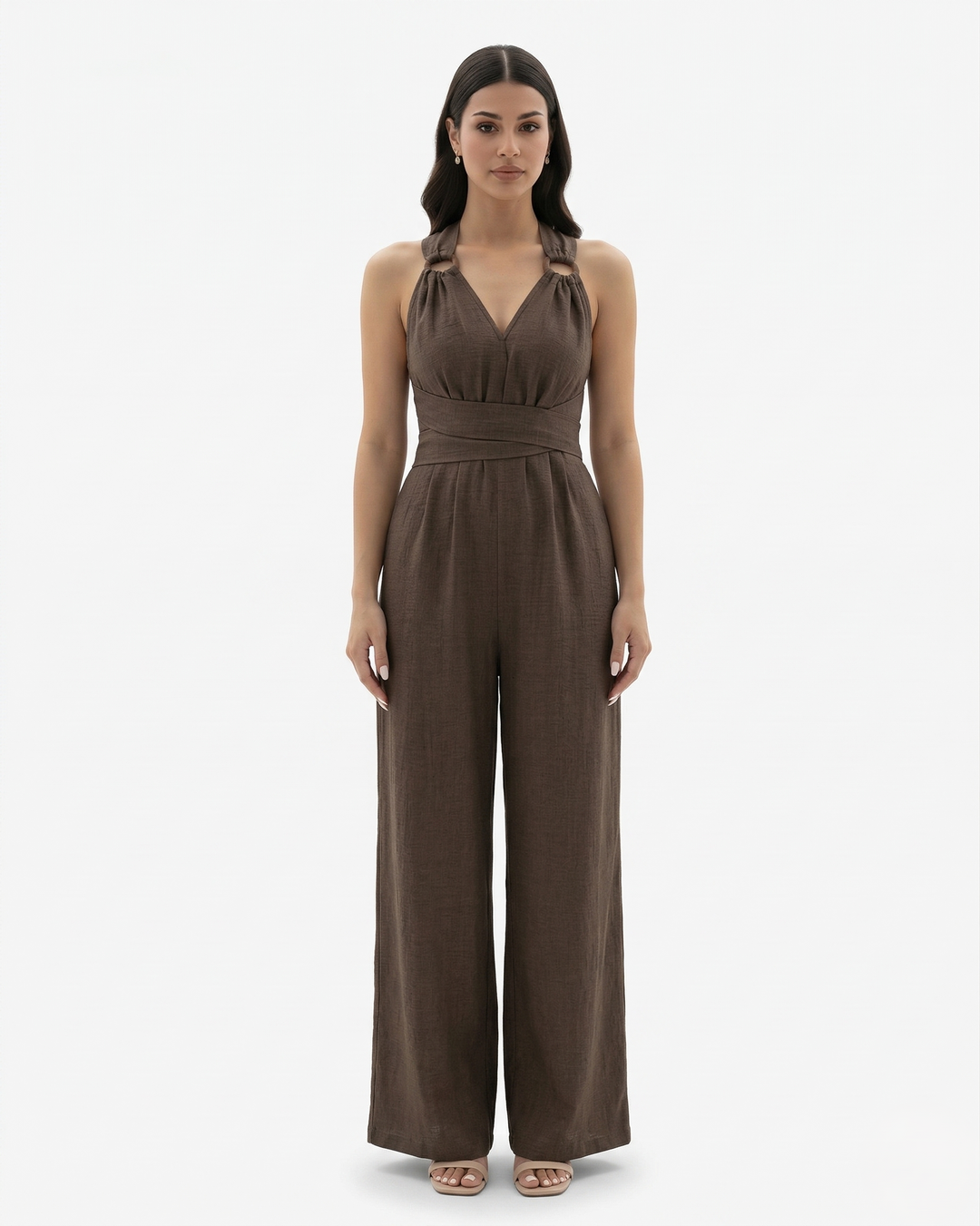Wide Leg Jumpsuit Sleeveless V Neck Tie Waist Crisscross Back