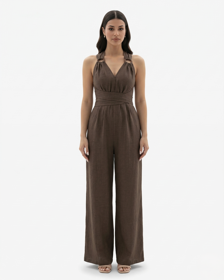 Wide Leg Jumpsuit Sleeveless V Neck Tie Waist Crisscross Back