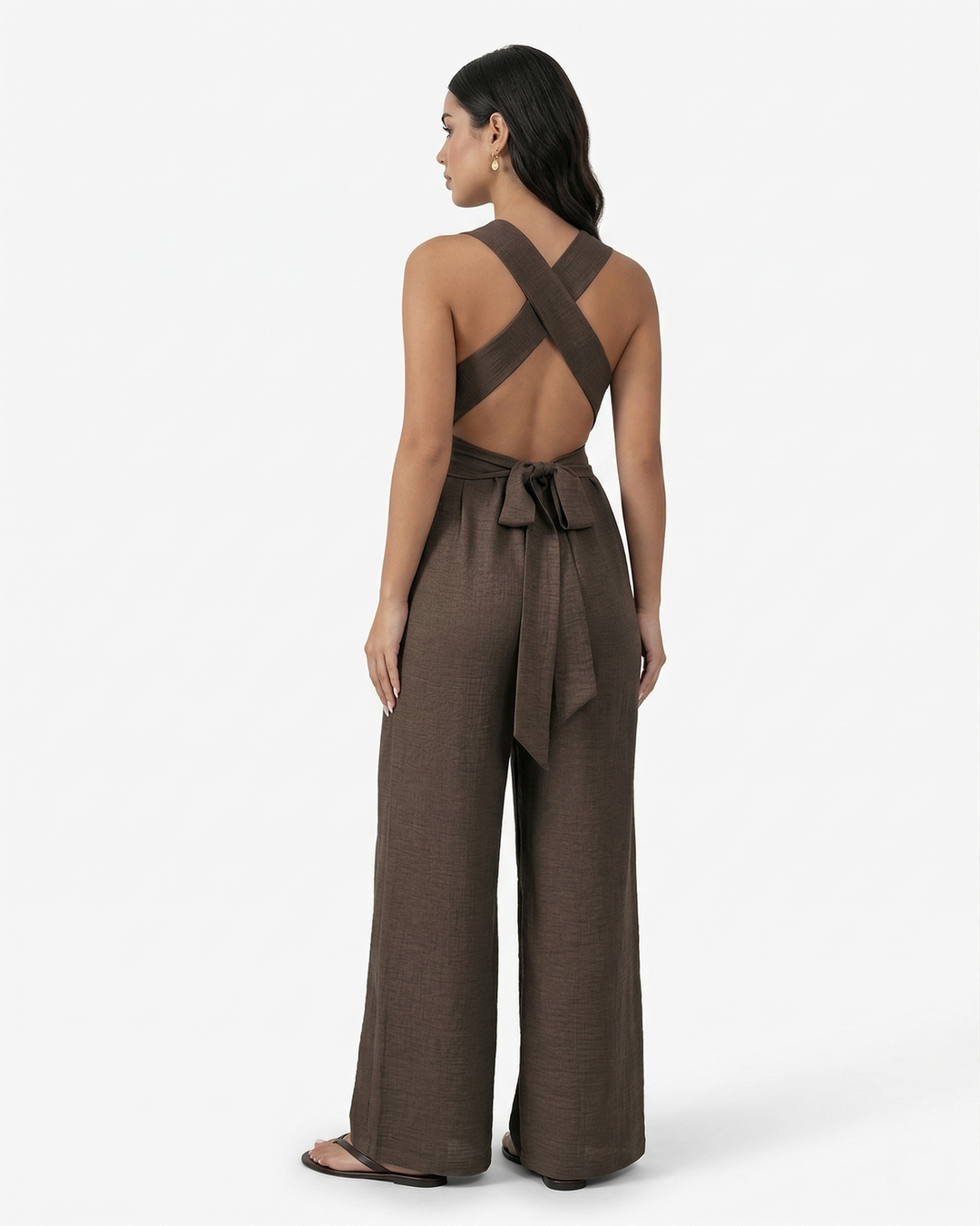 Wide Leg Jumpsuit Sleeveless V Neck Tie Waist Crisscross Back