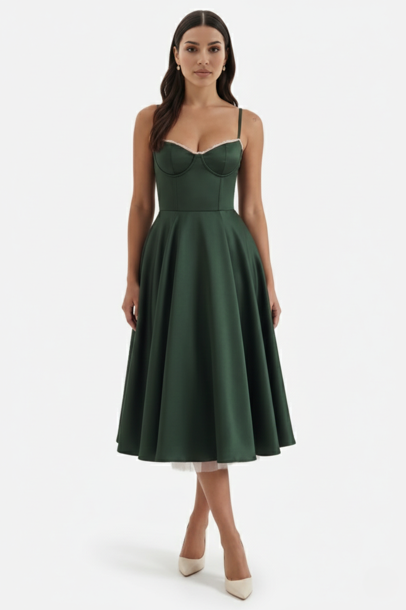 Sweetheart Bustier Midi Dress with Full Circle Skirt and Tulle Hem