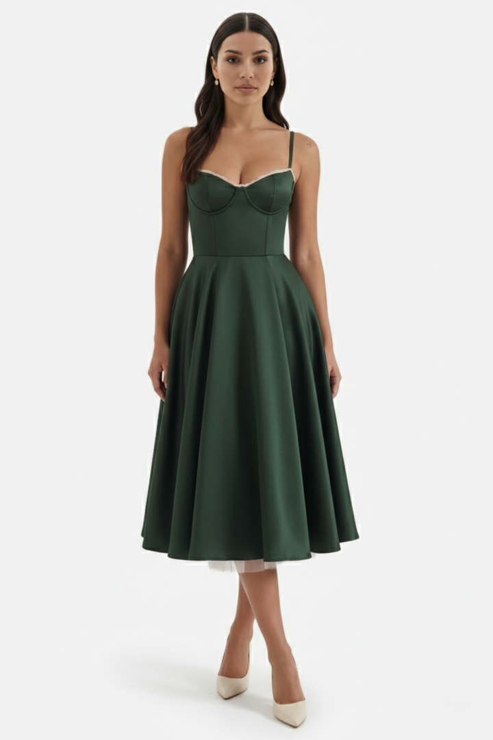 Sweetheart Bustier Midi Dress with Full Circle Skirt and Tulle Hem