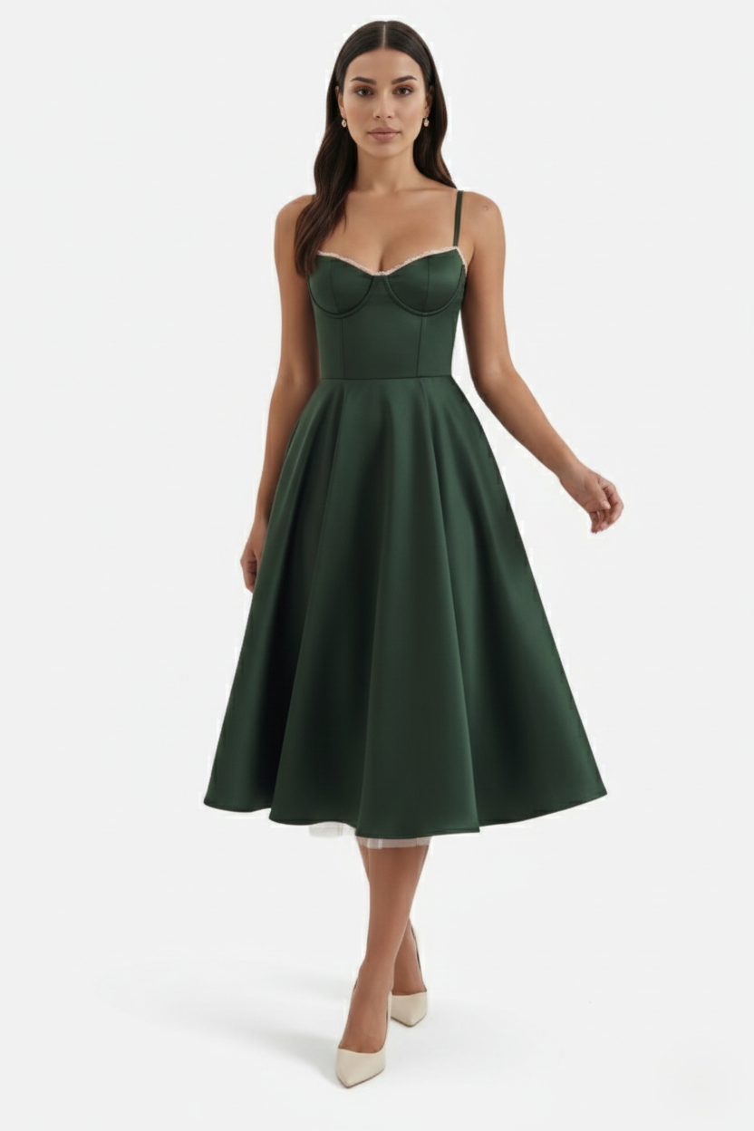 Sweetheart Bustier Midi Dress with Full Circle Skirt and Tulle Hem