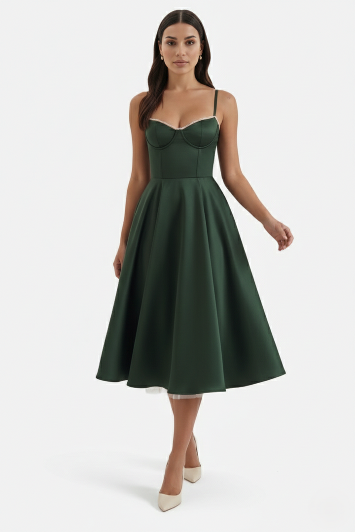 Sweetheart Bustier Midi Dress with Full Circle Skirt and Tulle Hem