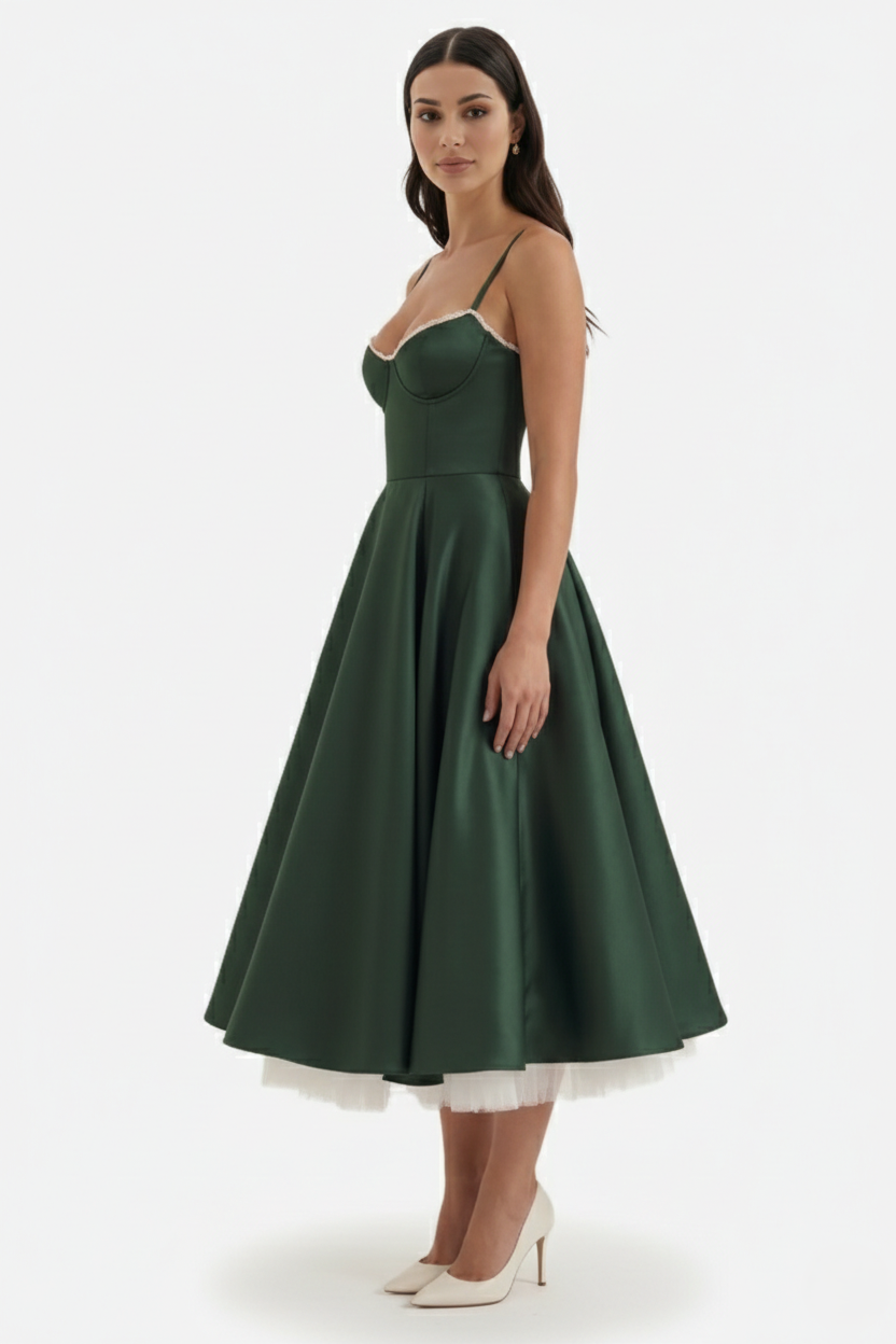 Sweetheart Bustier Midi Dress with Full Circle Skirt and Tulle Hem