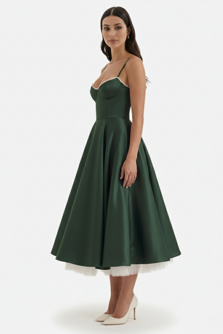 Sweetheart Bustier Midi Dress with Full Circle Skirt and Tulle Hem