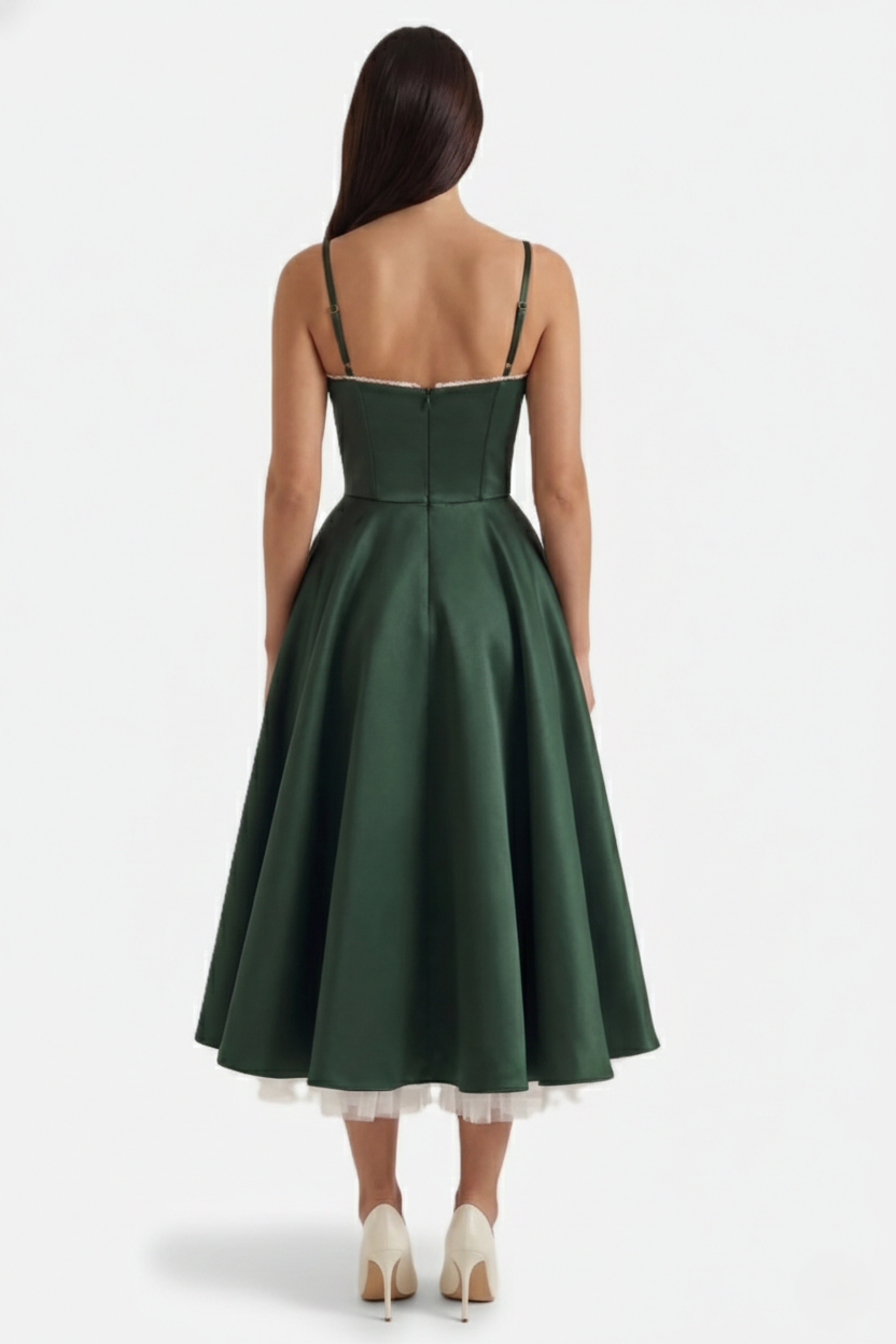 Sweetheart Bustier Midi Dress with Full Circle Skirt and Tulle Hem