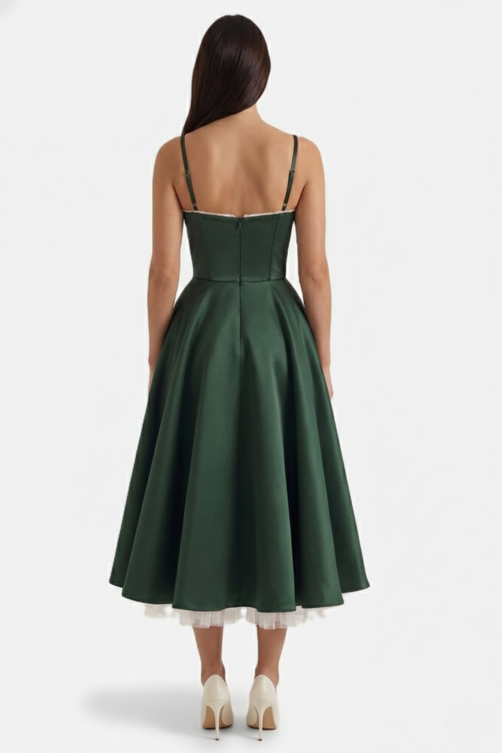 Sweetheart Bustier Midi Dress with Full Circle Skirt and Tulle Hem