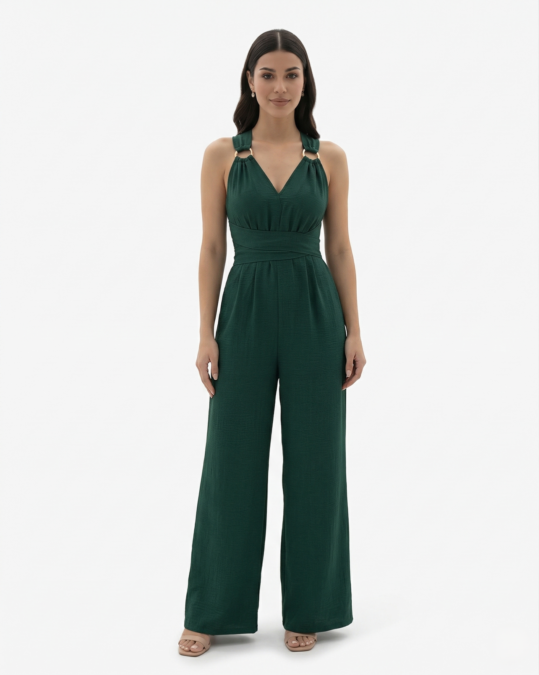 Wide Leg Jumpsuit Sleeveless V Neck Tie Waist Crisscross Back
