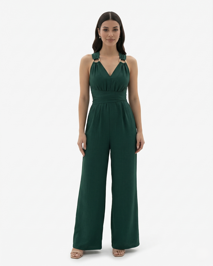 Wide Leg Jumpsuit Sleeveless V Neck Tie Waist Crisscross Back