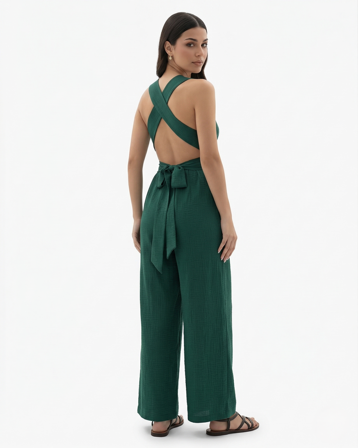 Wide Leg Jumpsuit Sleeveless V Neck Tie Waist Crisscross Back
