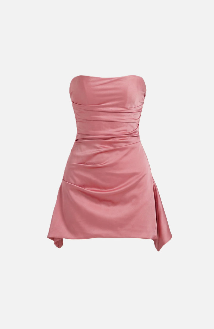 Party Dress Strapless Ruched Draped Mini with Asymmetric Hem