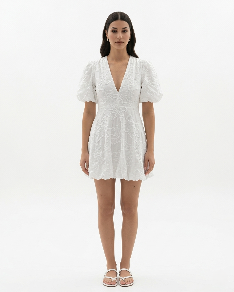 Embroidered V Neck Mini Dress Puff Sleeve A Line
