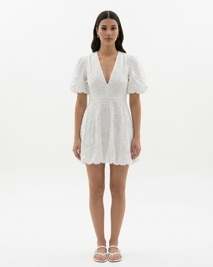 Embroidered V Neck Mini Dress Puff Sleeve A Line