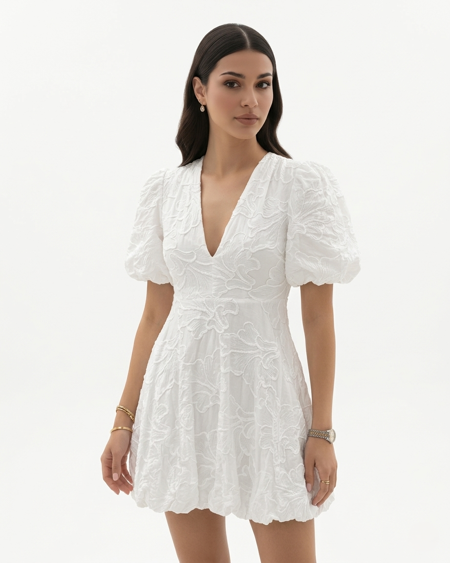 Embroidered V Neck Mini Dress Puff Sleeve A Line