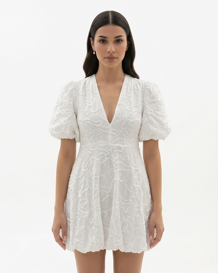 Embroidered V Neck Mini Dress Puff Sleeve A Line