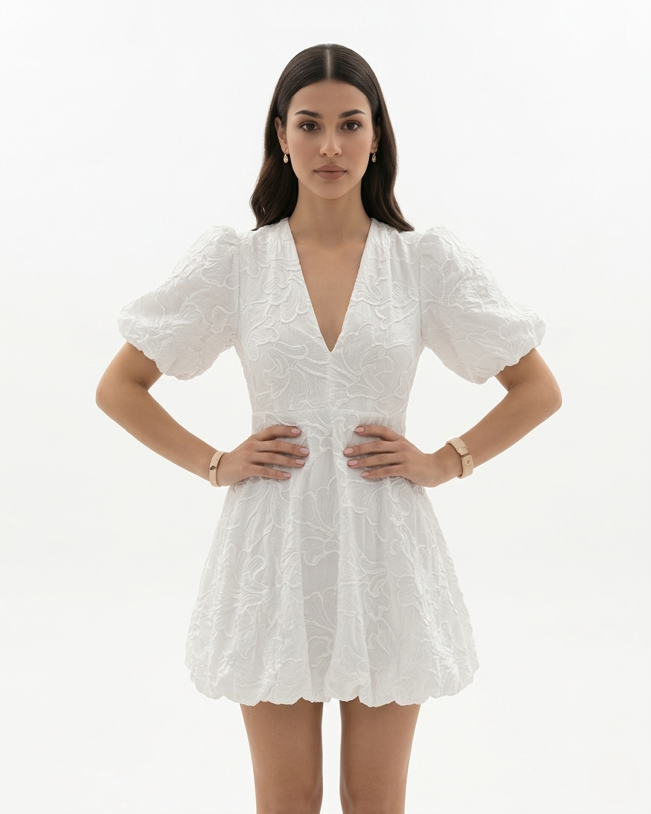 Embroidered V Neck Mini Dress Puff Sleeve A Line