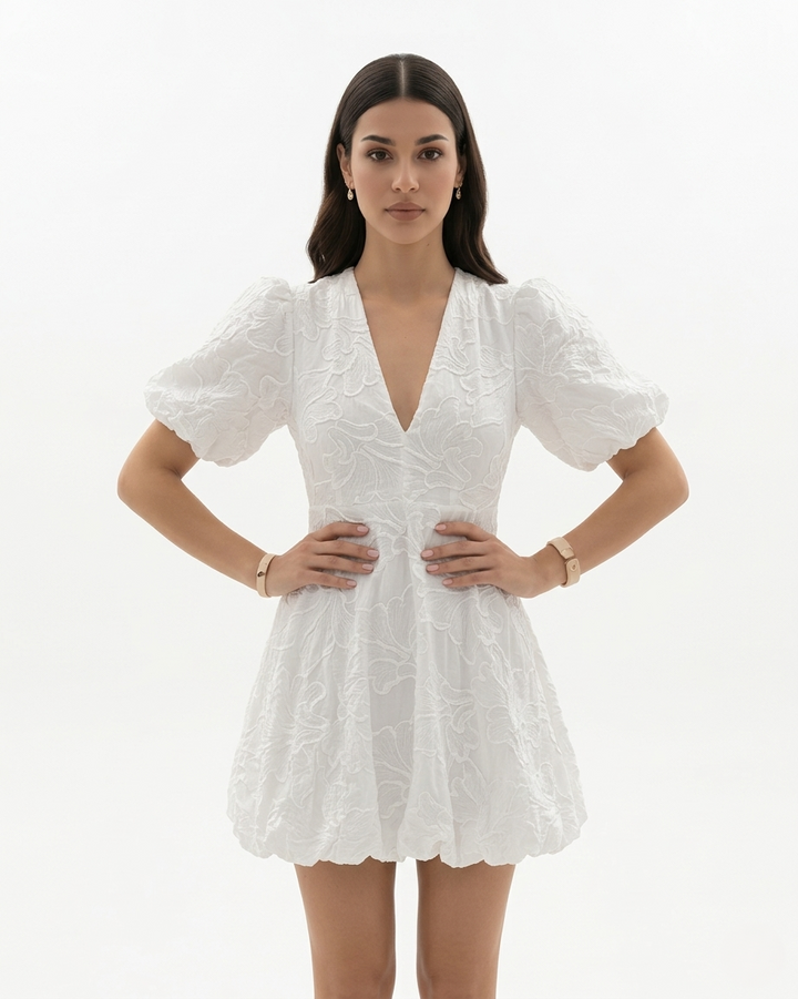 Embroidered V Neck Mini Dress Puff Sleeve A Line