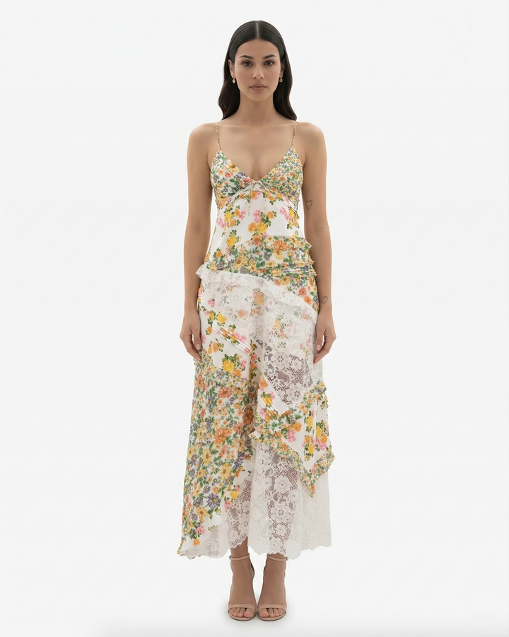 Floral Maxi Dress V Neck Spaghetti Strap Lace Panel Ruffle Hem Backless