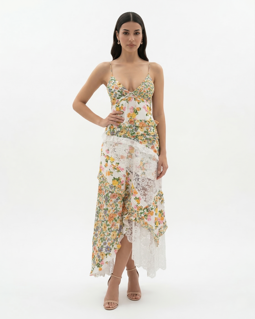 Floral Maxi Dress V Neck Spaghetti Strap Lace Panel Ruffle Hem Backless
