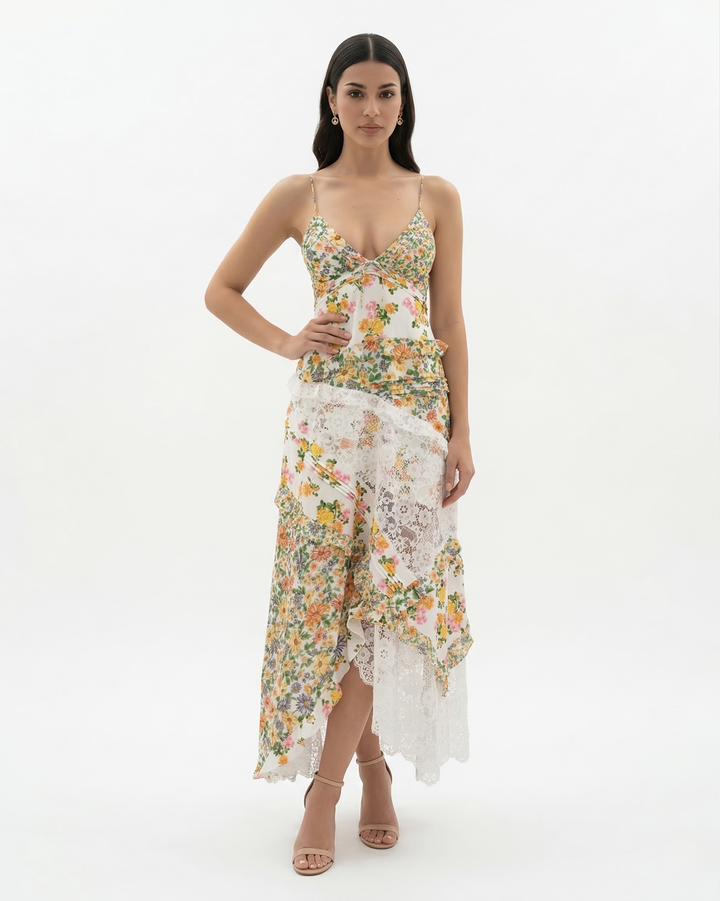 Floral Maxi Dress V Neck Spaghetti Strap Lace Panel Ruffle Hem Backless