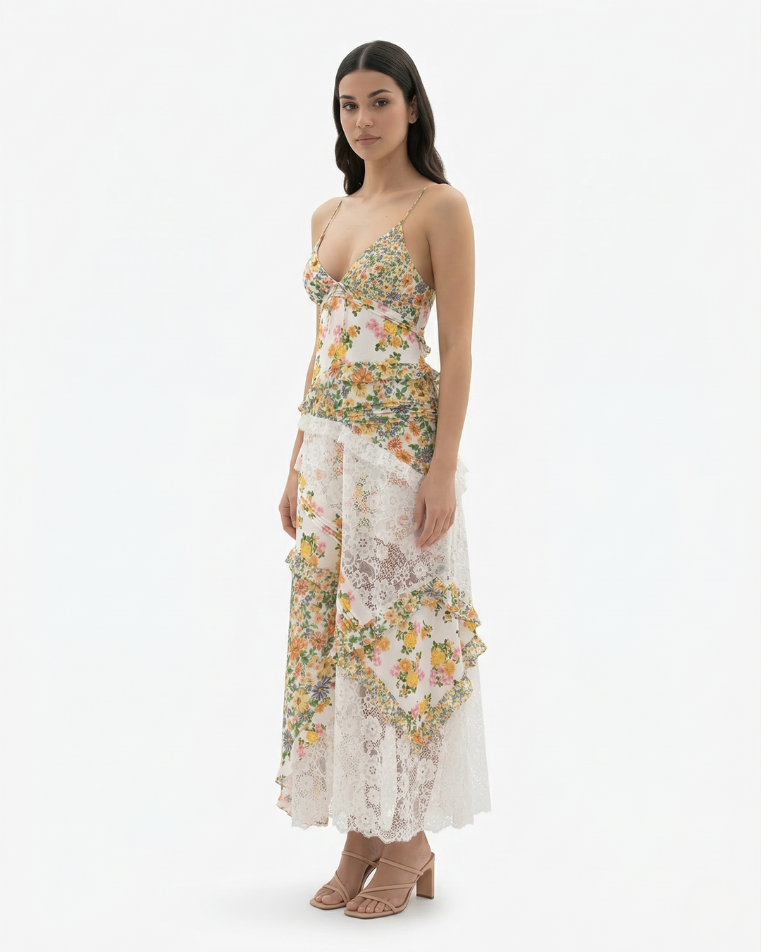 Floral Maxi Dress V Neck Spaghetti Strap Lace Panel Ruffle Hem Backless