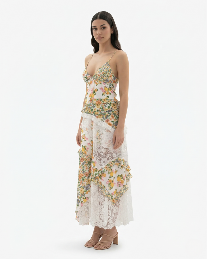 Floral Maxi Dress V Neck Spaghetti Strap Lace Panel Ruffle Hem Backless