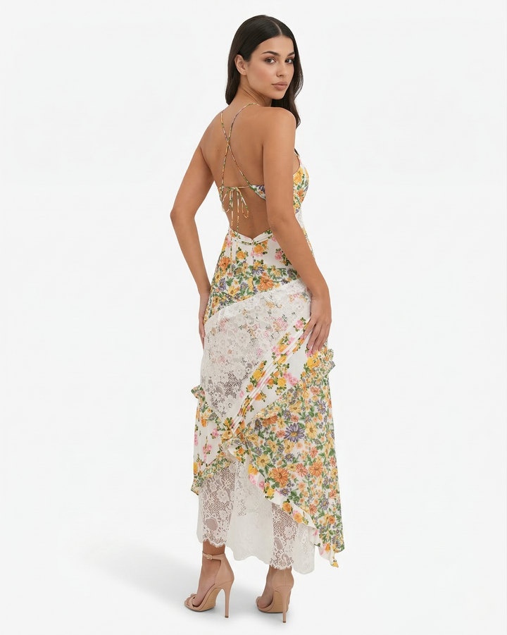 Floral Maxi Dress V Neck Spaghetti Strap Lace Panel Ruffle Hem Backless