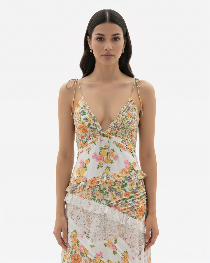 Floral Maxi Dress V Neck Spaghetti Strap Lace Panel Ruffle Hem Backless