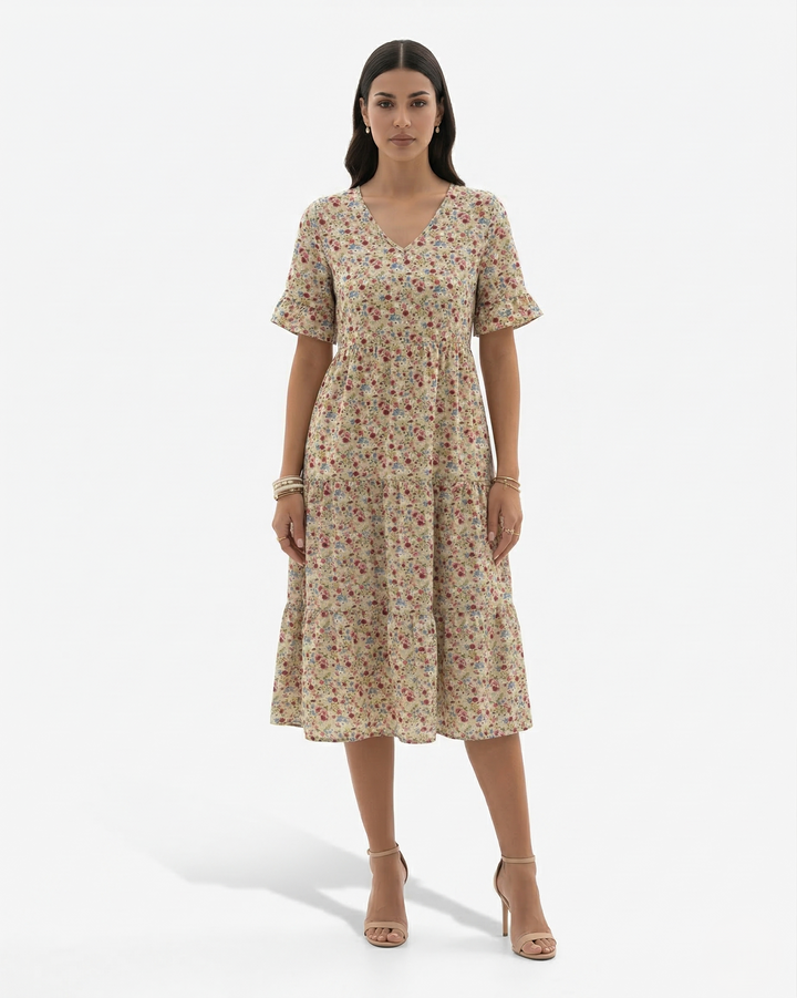 Floral Midi Dress V Neck Flutter Sleeve Tiered