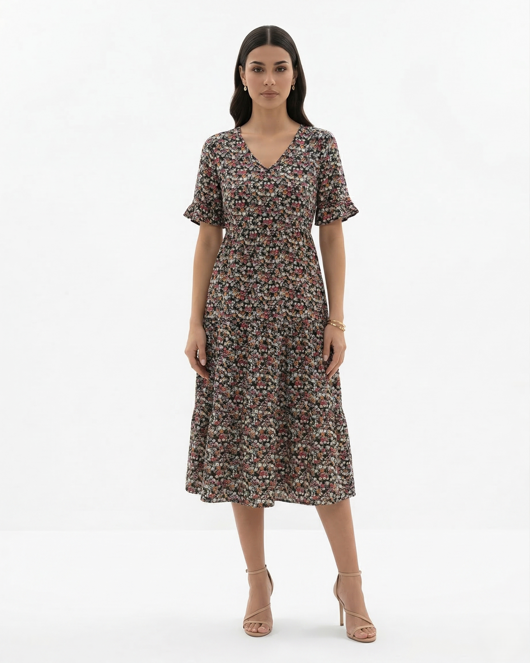 Floral Midi Dress V Neck Flutter Sleeve Tiered